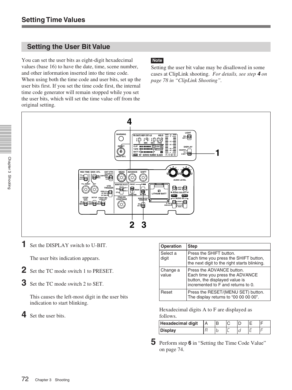 Setting the user bit value, Setting time values setting the user bit value, On page 78 in “cliplink shooting | Set the tc mode switch 1 to preset | Sony 370PL User Manual | Page 72 / 160