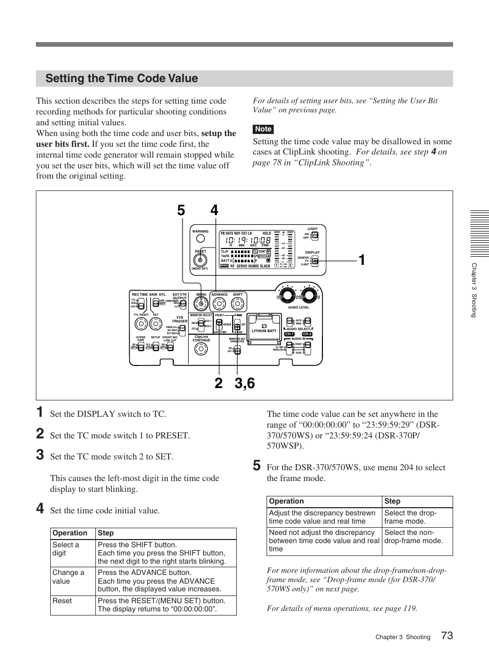 Setting the time code value, On page 78 in “cliplink shooting, Set the display switch to tc | Set the tc mode switch 1 to preset | Sony 370PL User Manual | Page 73 / 160