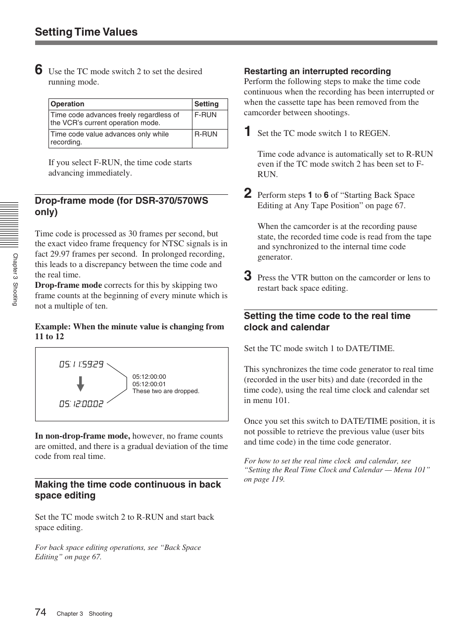 Setting time values | Sony 370PL User Manual | Page 74 / 160