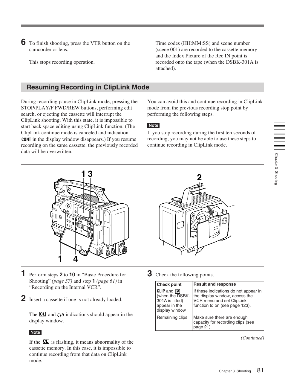 Resuming recording in cliplink mode | Sony 370PL User Manual | Page 81 / 160