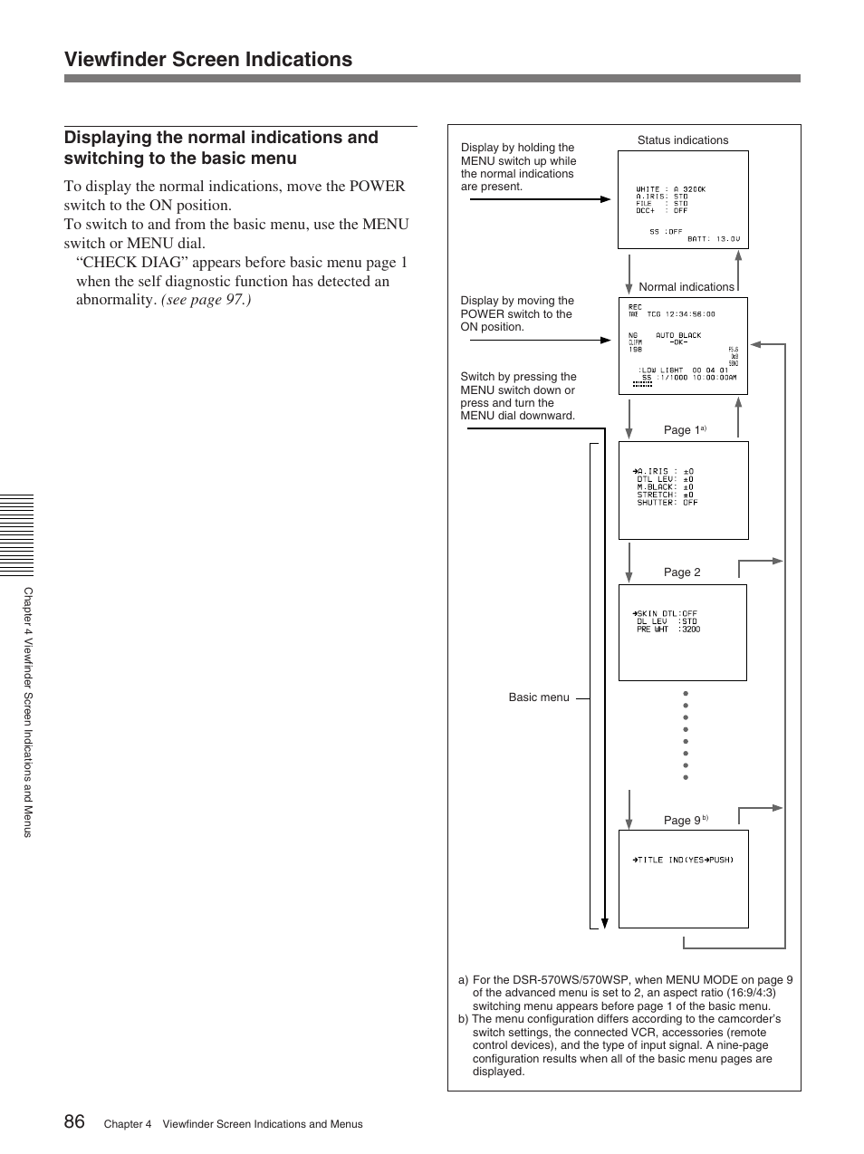 Viewfinder screen indications | Sony 370PL User Manual | Page 86 / 160