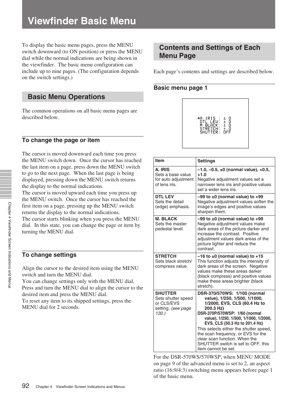 Viewfinder basic menu, Basic menu operations, Contents and settings of each menu page | Sony 370PL User Manual | Page 92 / 160