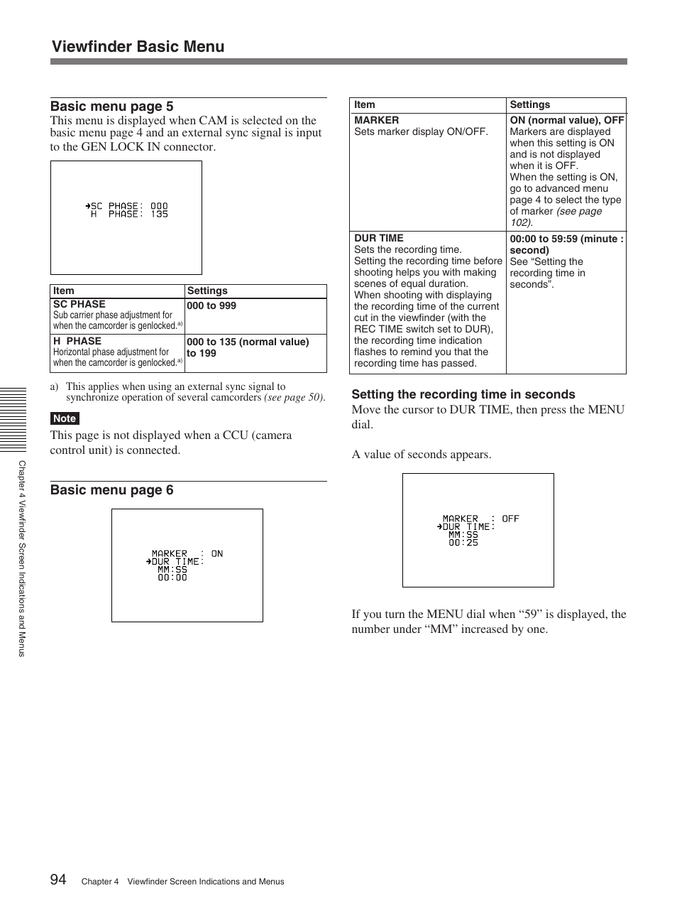 Viewfinder basic menu, Basic menu page 5, Basic menu page 6 | Sony 370PL User Manual | Page 94 / 160