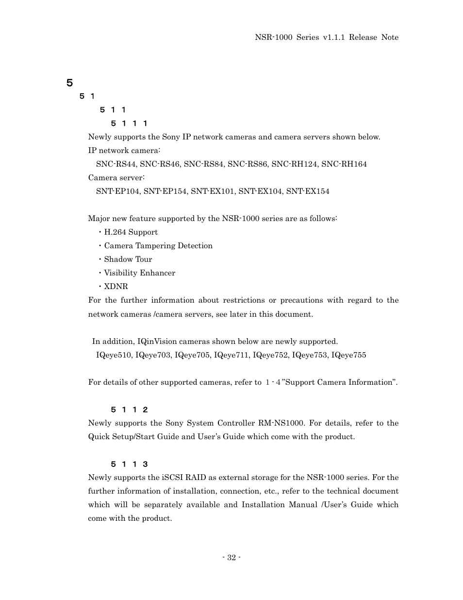 Appendix, Histories of additional features, Additional features by v1.1.0 | Expansion of supported cameras, System controller rm-ns1000 support, Iscsi storage support | Sony NSR-1100 User Manual | Page 36 / 46