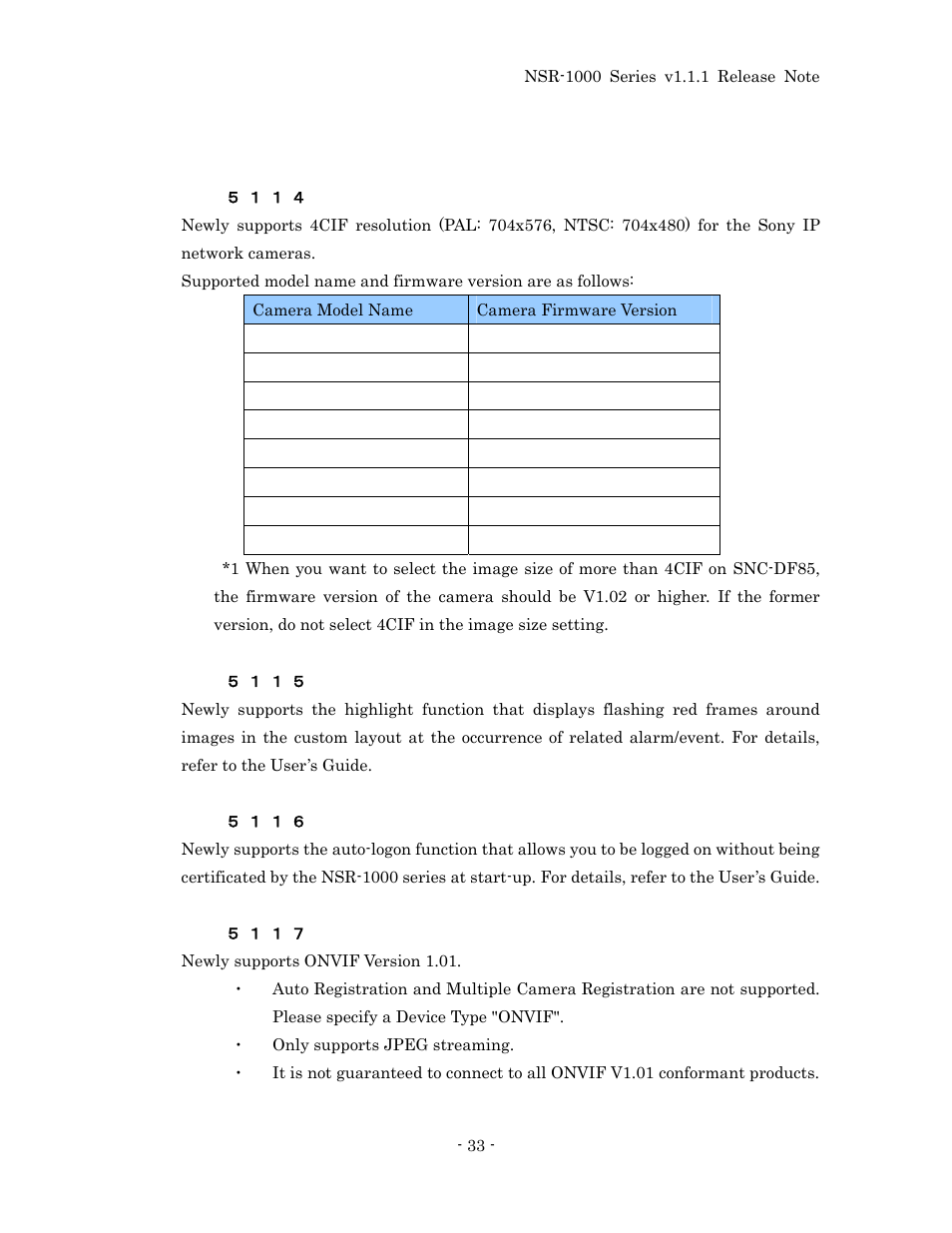 4cif resolution support, Highlight function, Auto-logon function | Onvif support | Sony NSR-1100 User Manual | Page 37 / 46