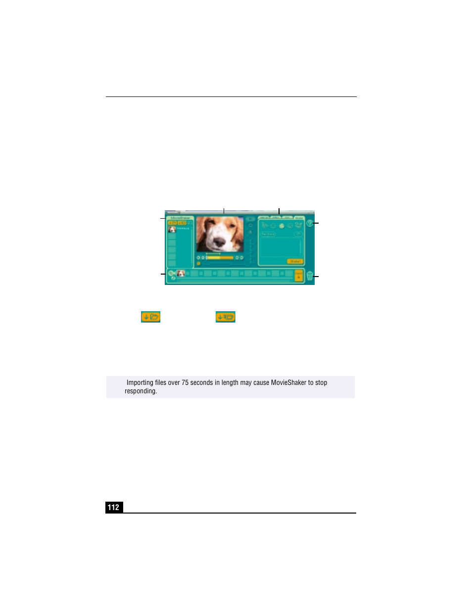 Movieshaker, Main window, Importing images and sound clips | 1 click (file import) or (dv import), 2 find the file you want to add, 3 select the file, 4 click open. the file is added to the clip tray | Sony PCG-R505TS User Manual | Page 112 / 150