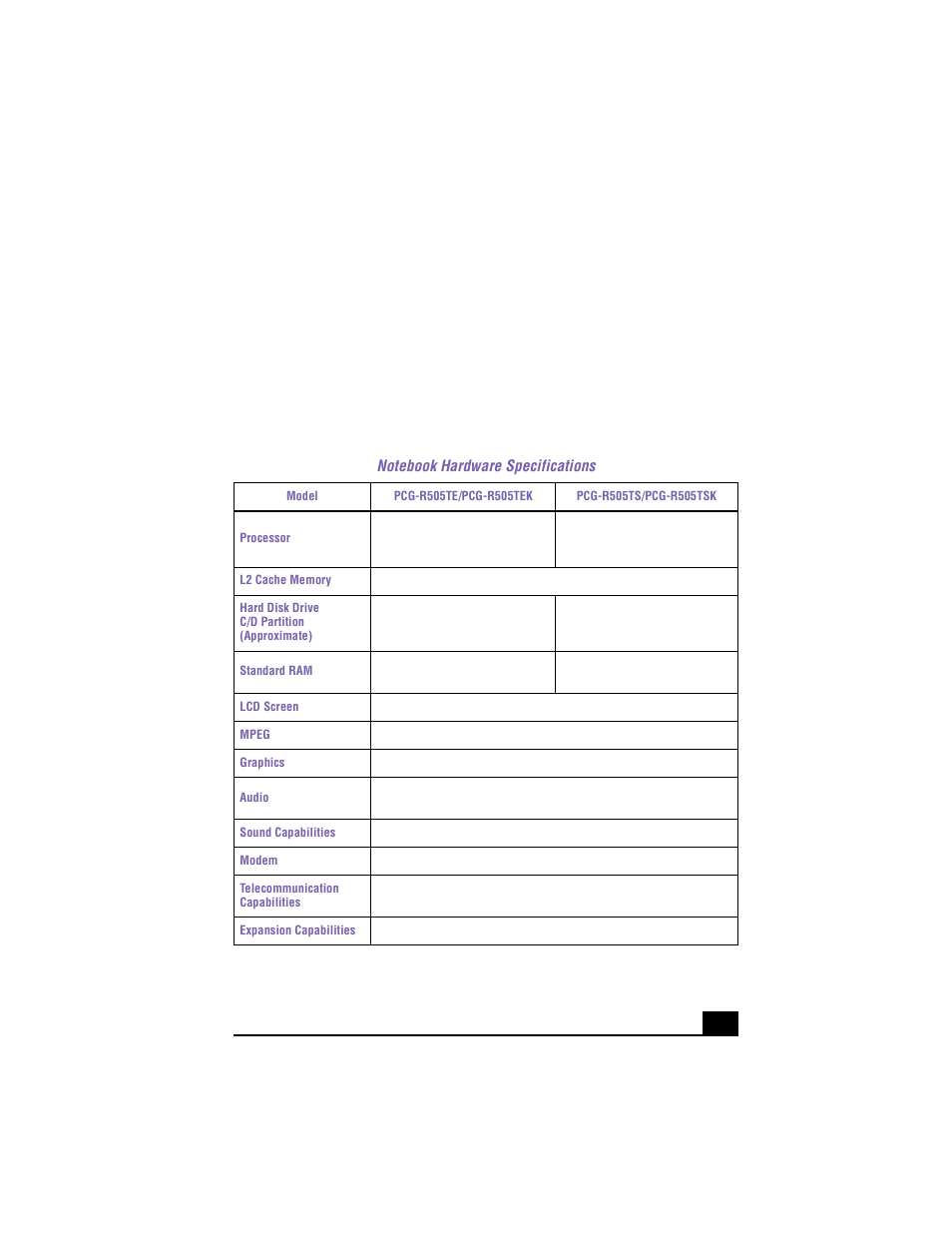 Specifications, Notebook hardware specifications | Sony PCG-R505TS User Manual | Page 139 / 150