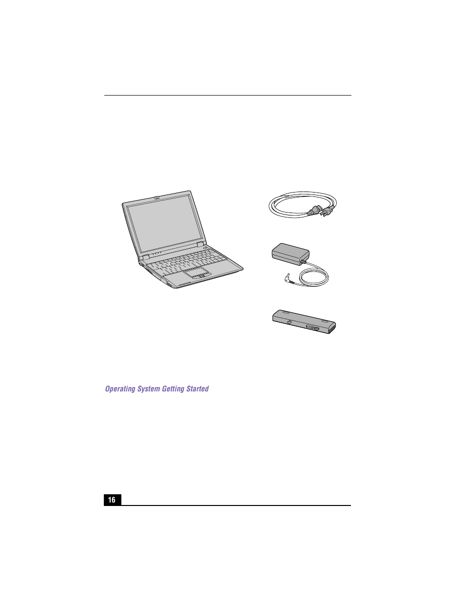 Unpacking your notebook, Hardware, Main unit | Power cord, Ac adapter, Manuals, Vaio® quick start, Operating system getting started, Software cds, Microsoft® word 2000 | Sony PCG-R505TS User Manual | Page 16 / 150