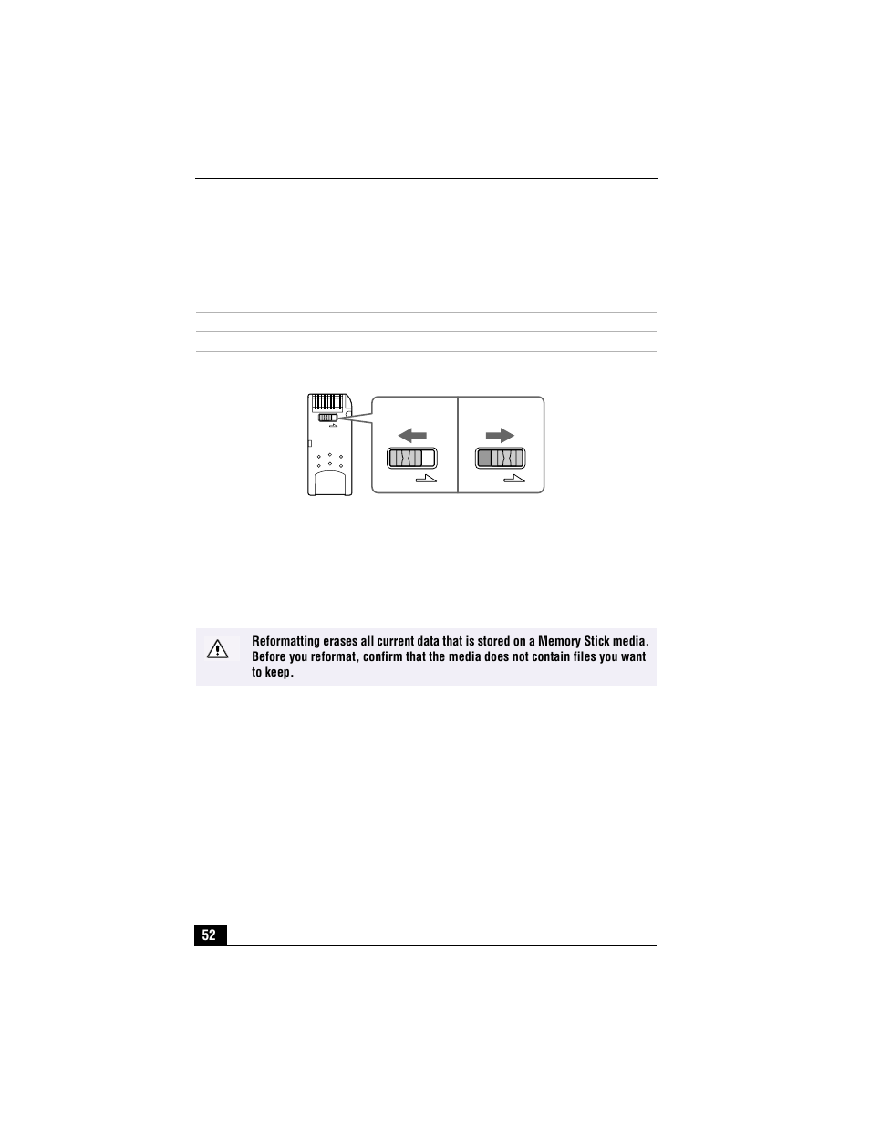 Write-protecting a memory stick media, Using the write-protect tab, Formatting a memory stick media | Sony PCG-R505TS User Manual | Page 52 / 150