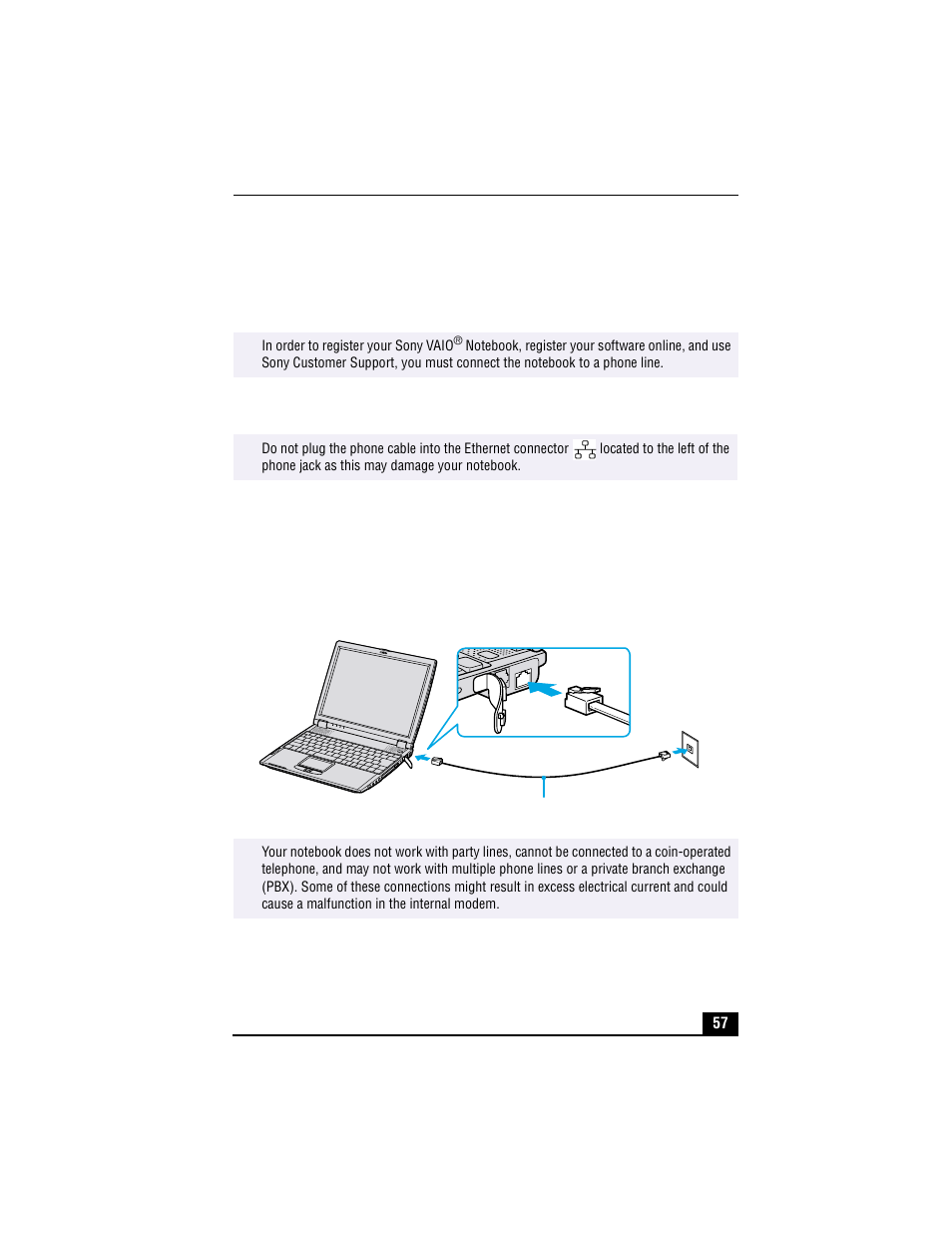 Using a phone line, 3 plug the other end into the wall jack, Plugging phone cable into phone jack | Sony PCG-R505TS User Manual | Page 57 / 150