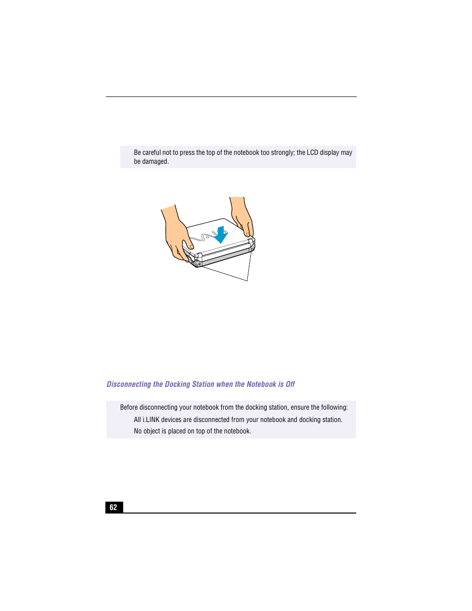 Securing the notebook to the docking station | Sony PCG-R505TS User Manual | Page 62 / 150