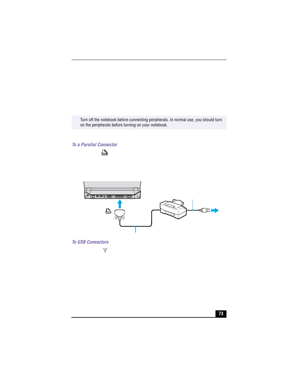 Connecting a printer, To connect a printer, To a parallel connector | Connecting a printer to the docking station, To usb connectors, Troubleshooting the modem | Sony PCG-R505TS User Manual | Page 73 / 150