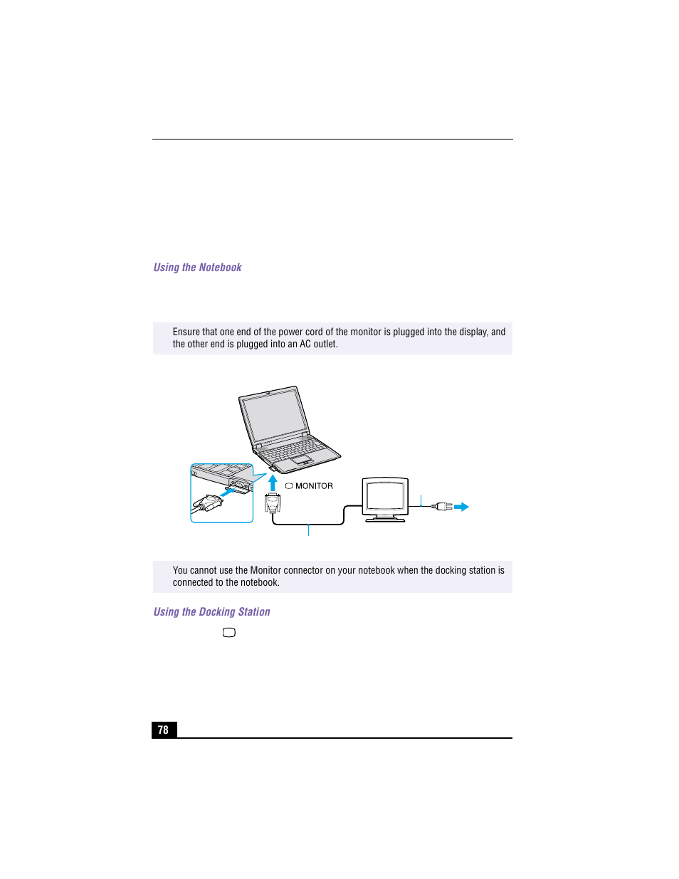 Connecting an external display, To connect a monitor, Using the notebook | Connecting monitor, Using the docking station | Sony PCG-R505TS User Manual | Page 78 / 150