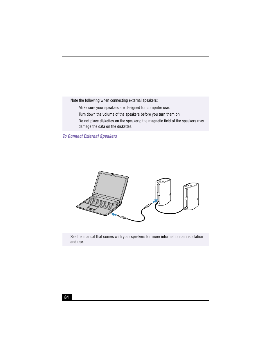 Connecting external speakers, To connect external speakers, Connecting speakers to the headphone connector | Sony PCG-R505TS User Manual | Page 84 / 150