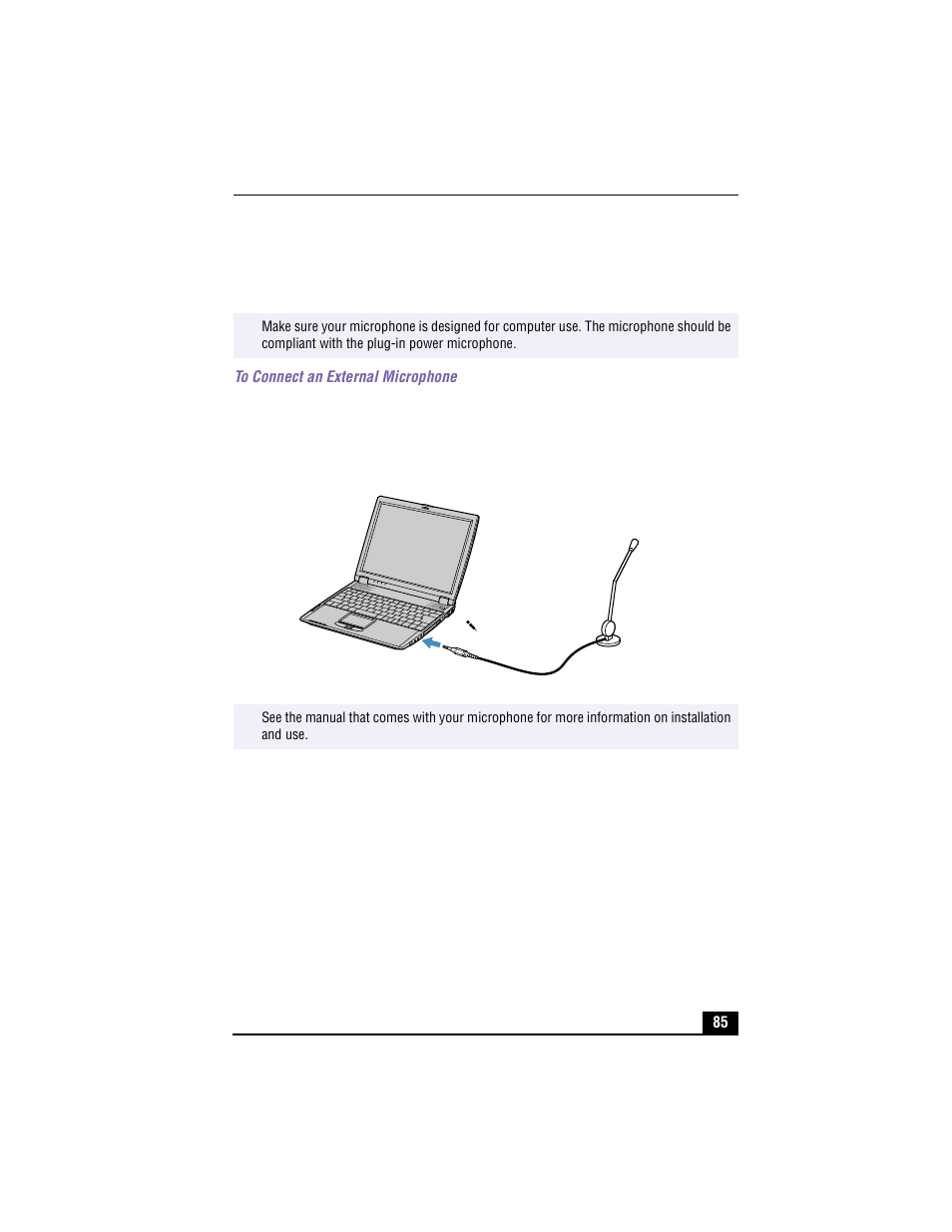 Connecting an external microphone, To connect an external microphone, Connecting microphone to microphone connector | Sony PCG-R505TS User Manual | Page 85 / 150