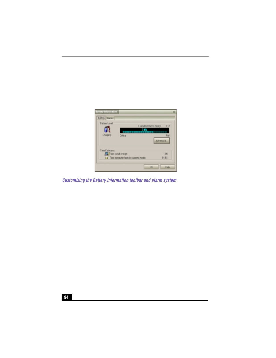 Displaying detailed battery information, Battery information window | Sony PCG-R505TS User Manual | Page 94 / 150