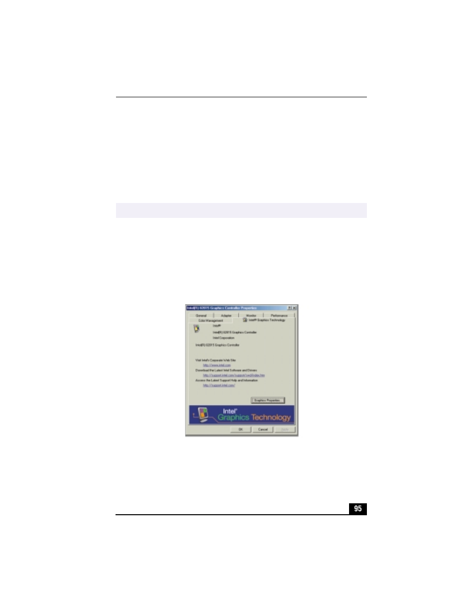 Selecting the display mode, Intel® 82815 graphics controller properties screen, 5 click the driver setting tab | Sony PCG-R505TS User Manual | Page 95 / 150