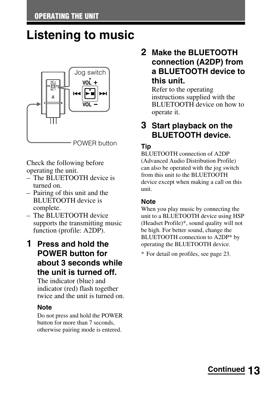 Listening to music | Sony DRBT20NX User Manual | Page 13 / 28