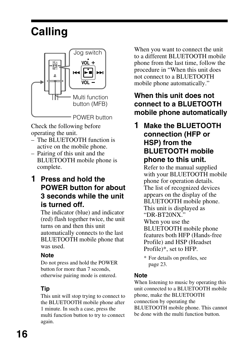 Calling | Sony DRBT20NX User Manual | Page 16 / 28