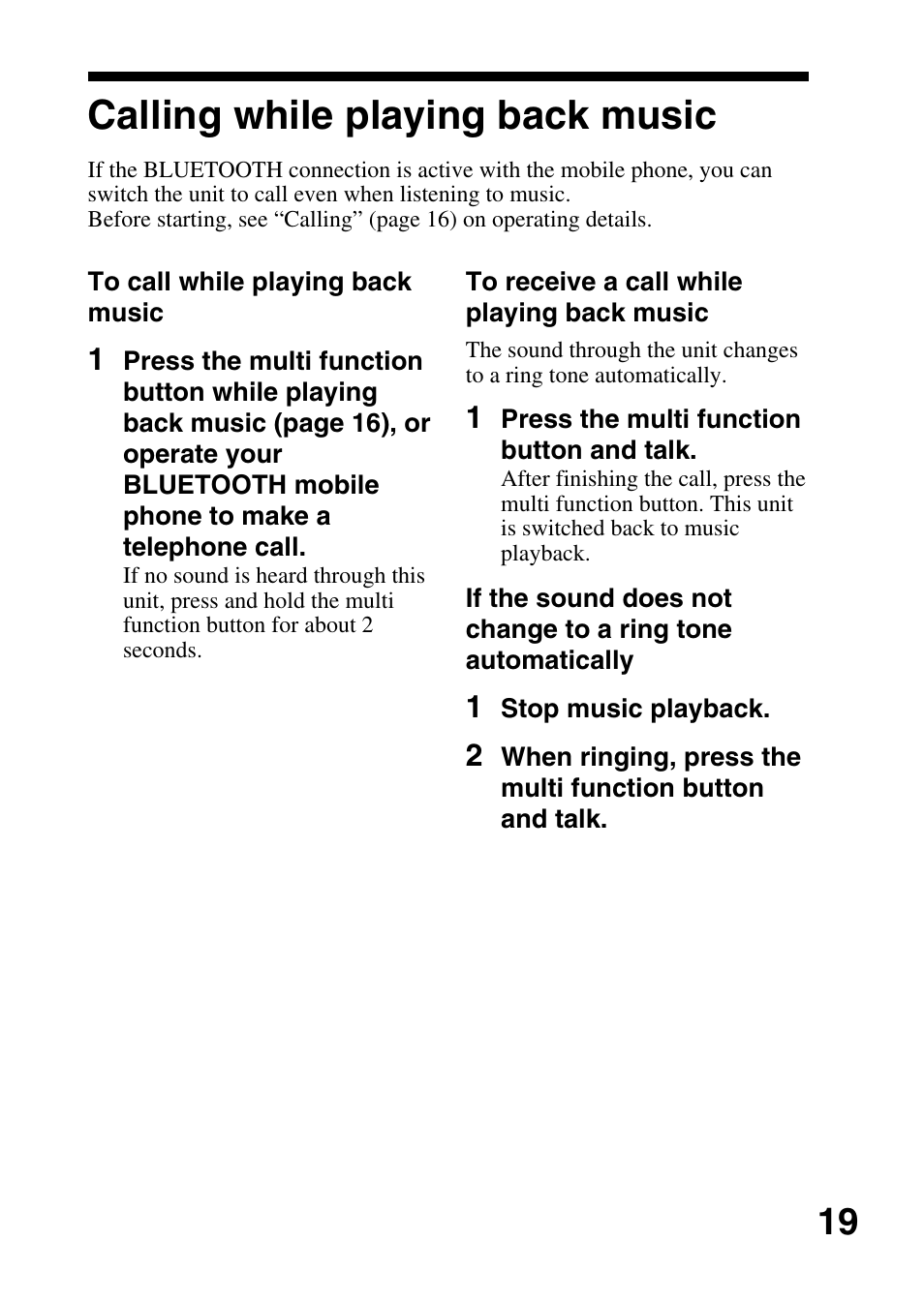 Calling while playing back music, Calling while playing, Back music | Sony DRBT20NX User Manual | Page 19 / 28