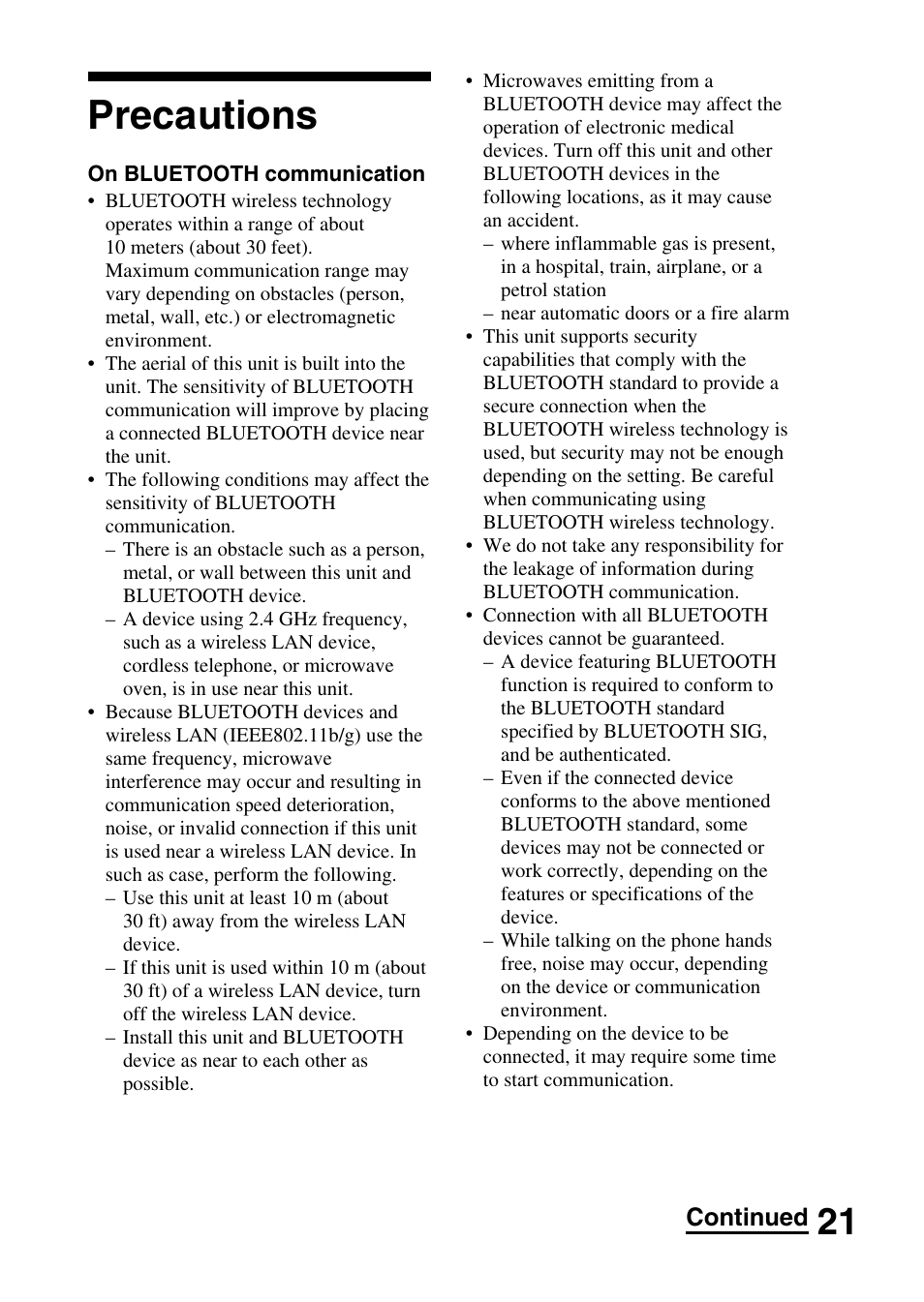 Precautions, Continued | Sony DRBT20NX User Manual | Page 21 / 28