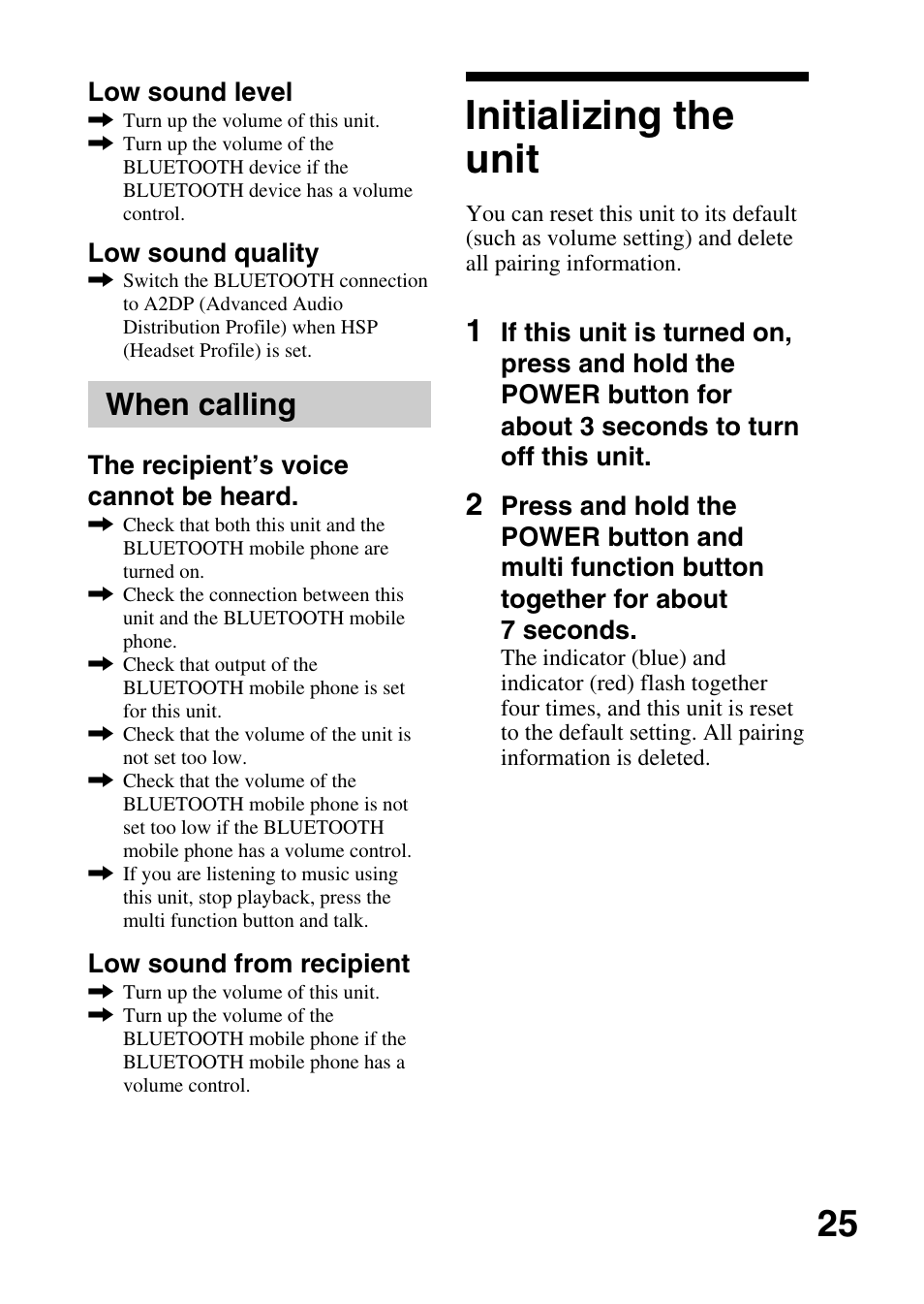 Initializing the unit, When calling | Sony DRBT20NX User Manual | Page 25 / 28