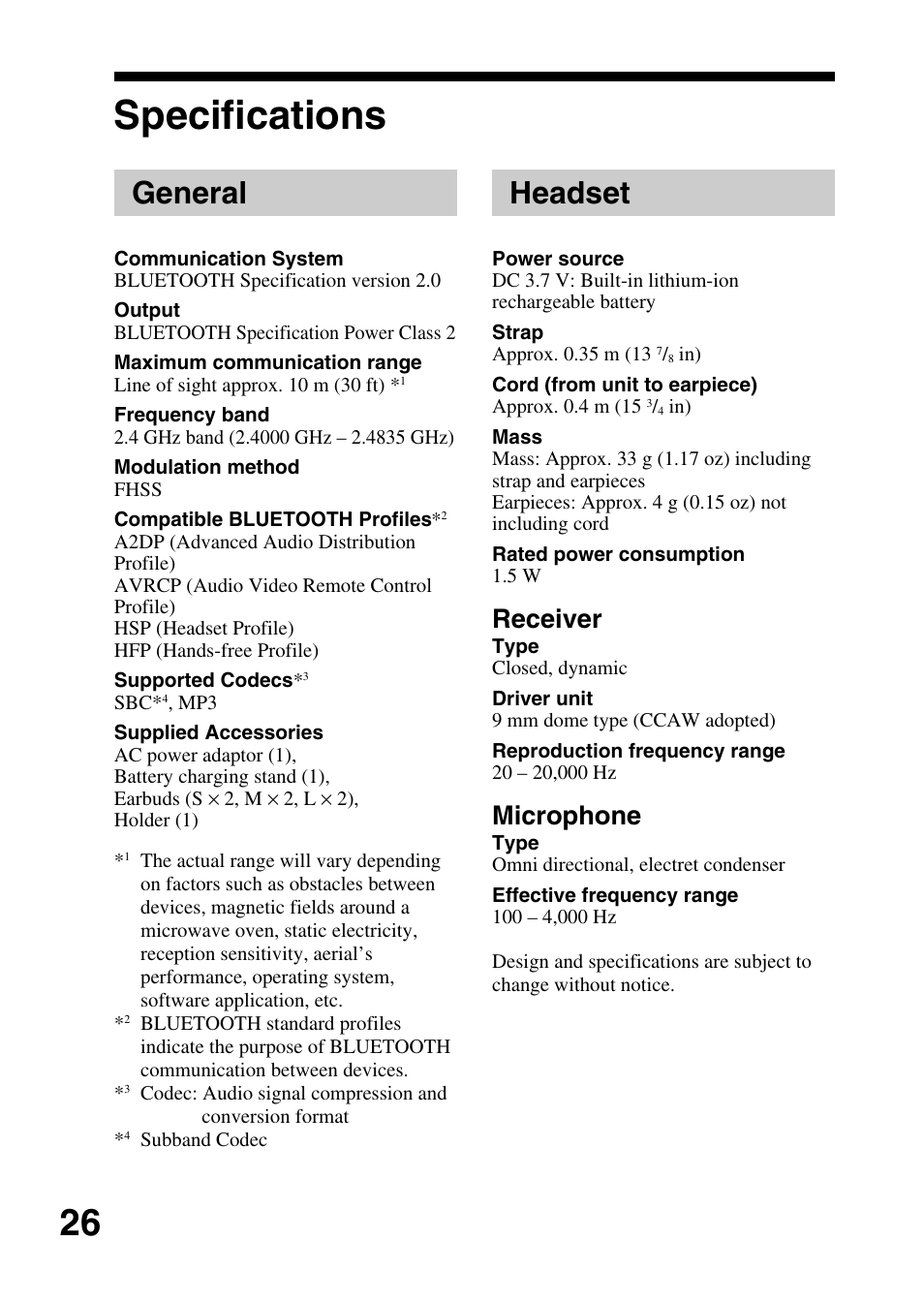 Specifications, General, Headset | Receiver, Microphone | Sony DRBT20NX User Manual | Page 26 / 28