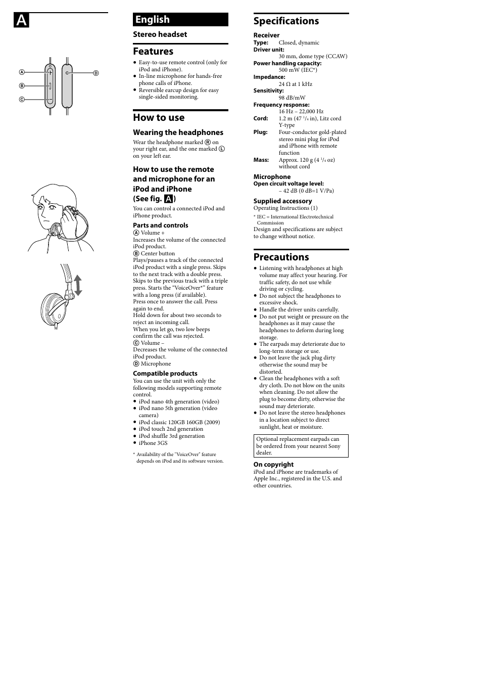 Specifications, Precautions, English | Features, How to use, Stereo headset, Wearing the headphones | Sony DR-V150iP User Manual | Page 2 / 2