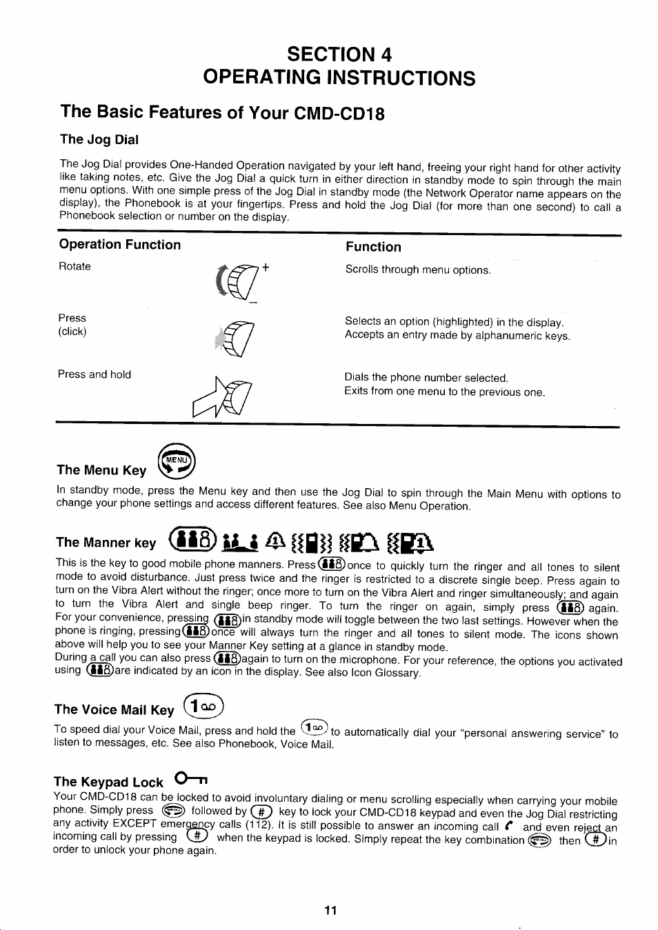 Section 4, Operating instructions, The basic features of your cmd-cd18 | The jog dial, Operation function, Function, The menu key, The manner key, The voice mail key (j, The keypad lock 0~n | Sony CMD-CD18 User Manual | Page 11 / 24