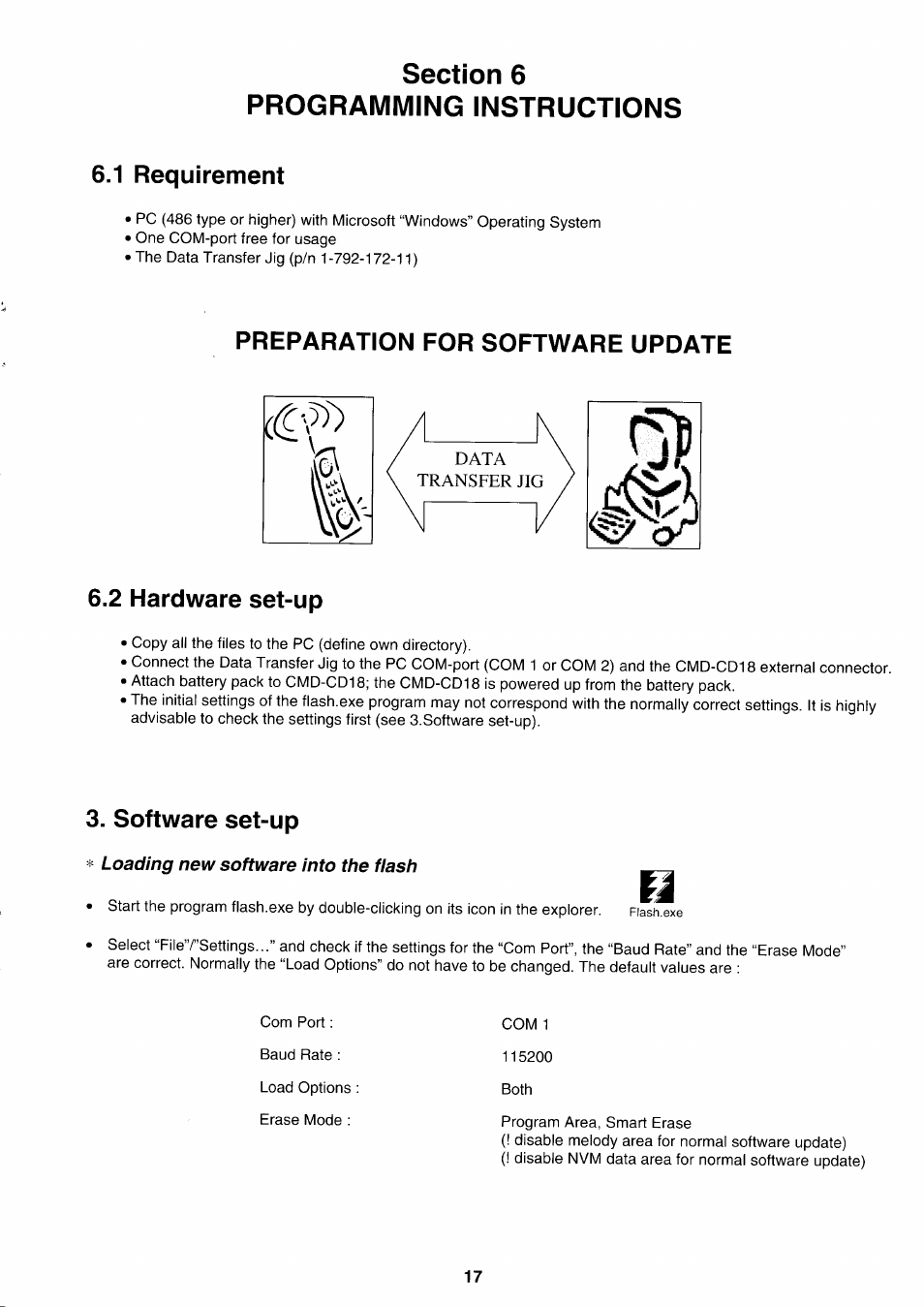 Section 6, Programming instructions, 1 requirement | Preparation for software update, 2 hardware set-up, Software set-up, Loading new software into the flash | Sony CMD-CD18 User Manual | Page 17 / 24