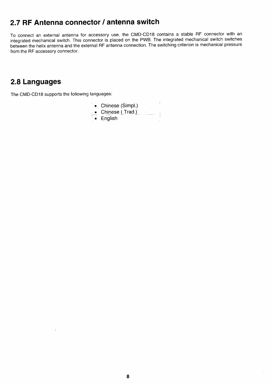 7 rf antenna connector / antenna switch, 8 languages, Chinese (simpl.) chjnese ( trad.j^ english | Sony CMD-CD18 User Manual | Page 8 / 24