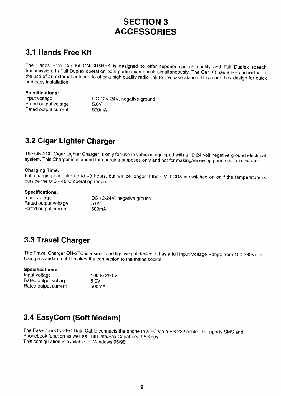 Section 3 accessories, 1 hands free kit, 2 cigar lighter charger | 3 travel charger, 4 easycom (soft modem), 2 cigar lighter charger qn-2 cc 3.3 travel charger, Qn-2 tc, 4 easycom-softmodemqn-2 ec | Sony CMD-CD18 User Manual | Page 9 / 24