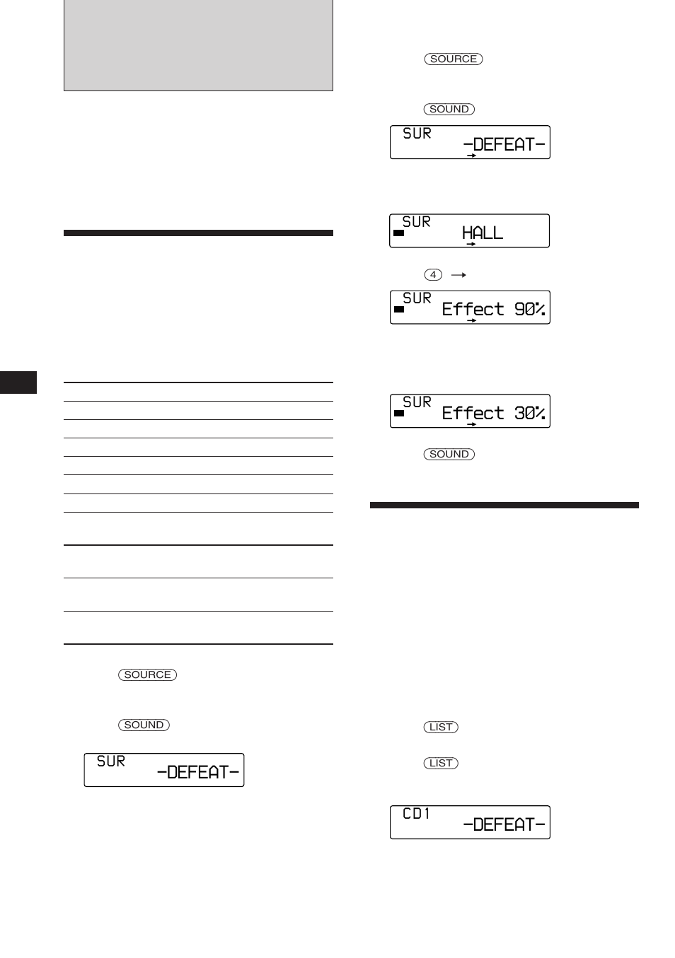 Storing a surround effect onto cds, Selecting a surround menu, Defeat | Hall, With the optional xdp-u50d connected, Effect 3, Effect 9 | Sony CDX-C760 User Manual | Page 22 / 36
