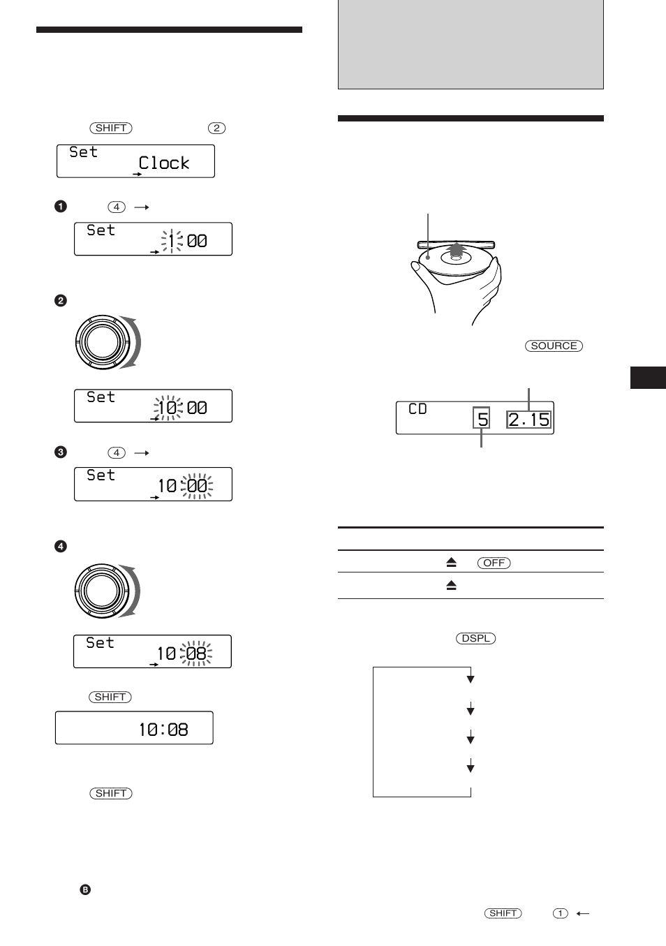 Cd player, Setting the clock, Listening to a cd | Clock, S e t, Changing the displayed item | Sony CDX-C760 User Manual | Page 5 / 36