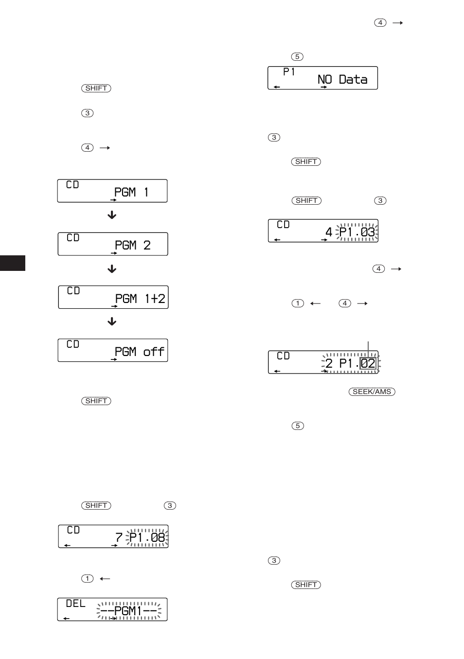 2 p1.‚2, 4 p1.‚3, Pgm 1 | Pgm 2, Pgm 1+2, Pgm off, 7 p1.‚8, No data, Pgm1, D e l | Sony CDX-C760 User Manual | Page 8 / 36