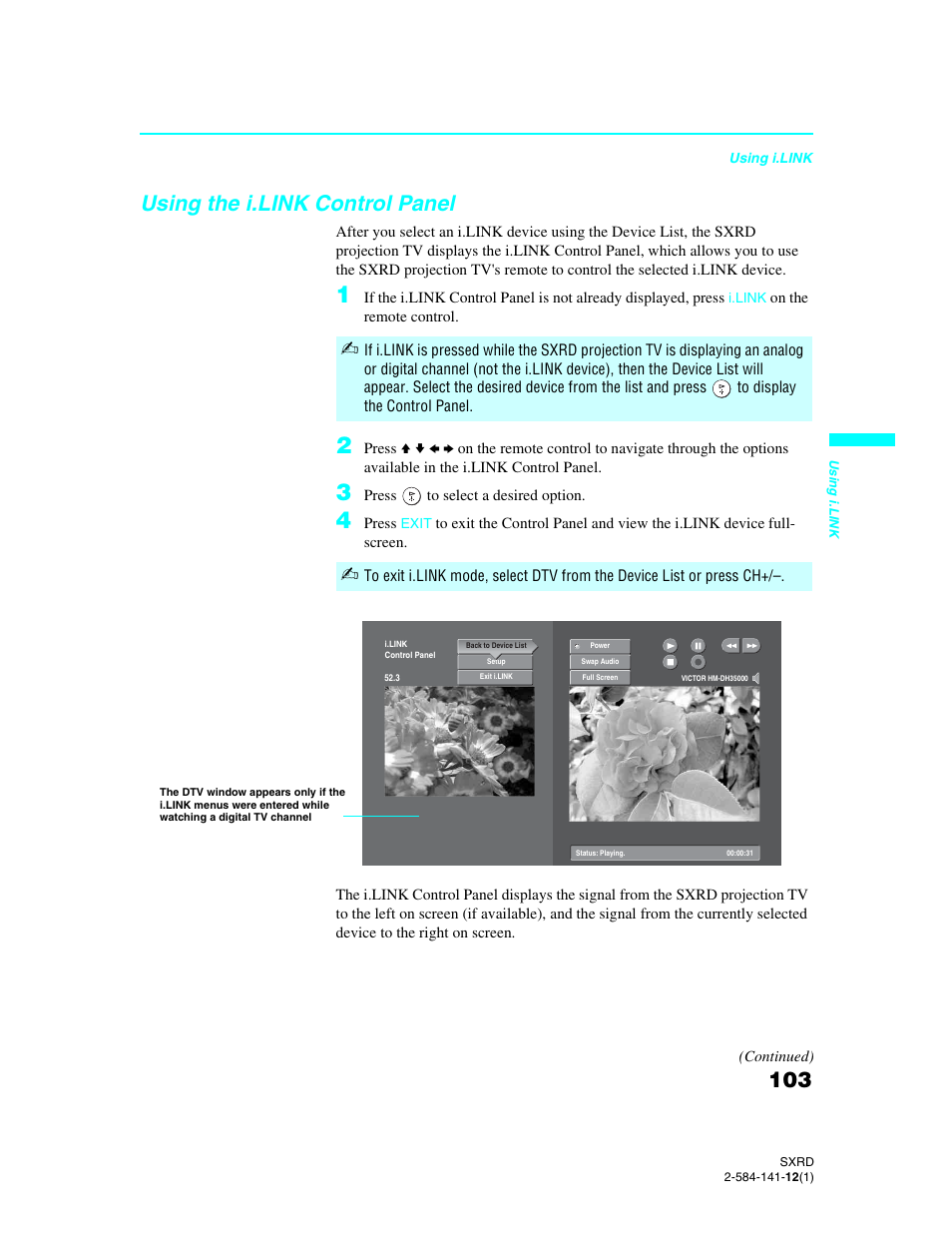 Using the i.link control panel | Sony Qualia 006 User Manual | Page 105 / 147