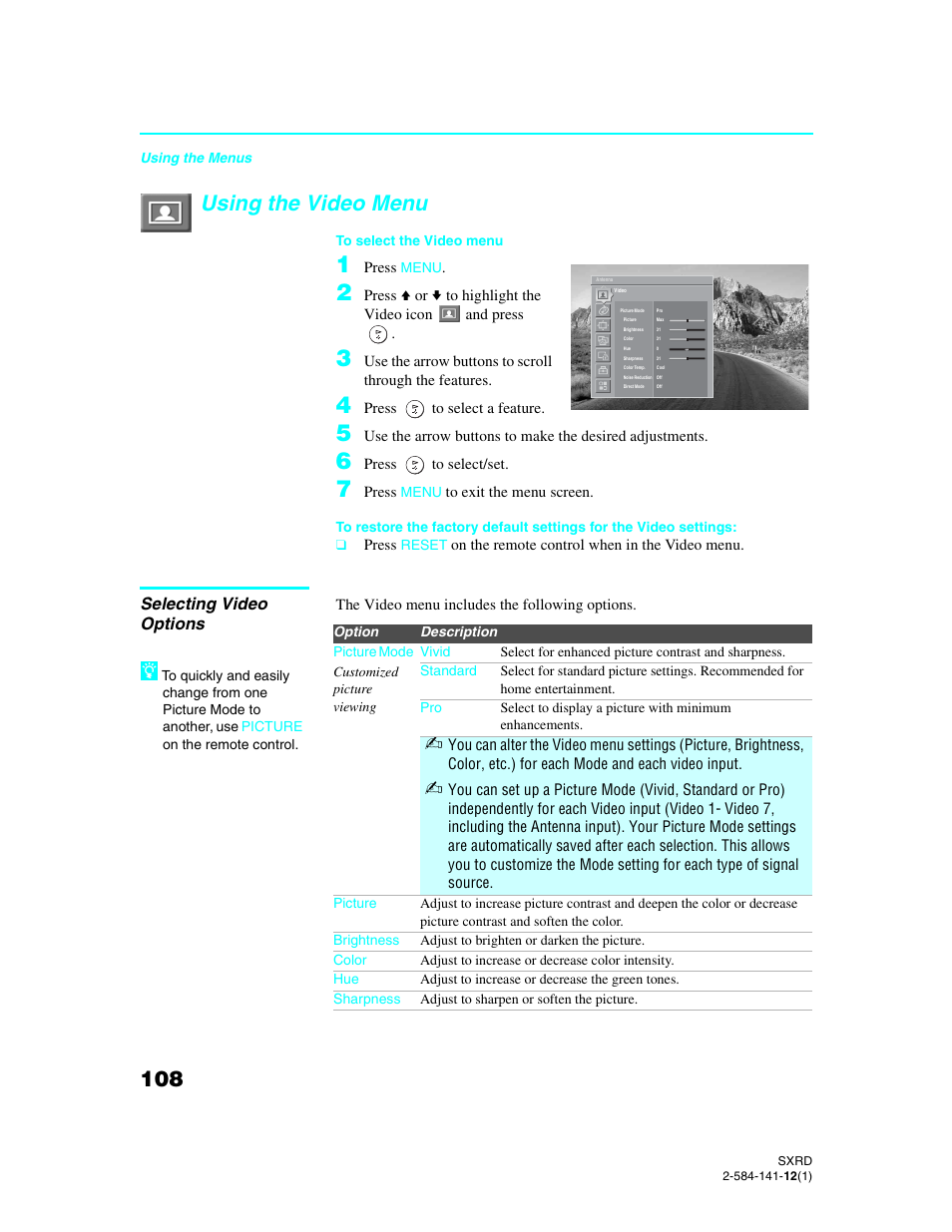 Using the video menu, Selecting video options | Sony Qualia 006 User Manual | Page 110 / 147