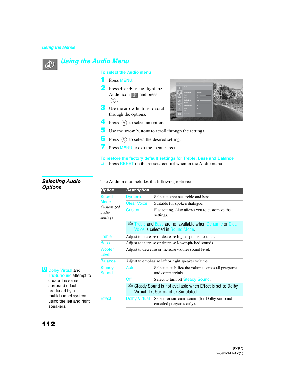 Using the audio menu, Selecting audio options | Sony Qualia 006 User Manual | Page 114 / 147