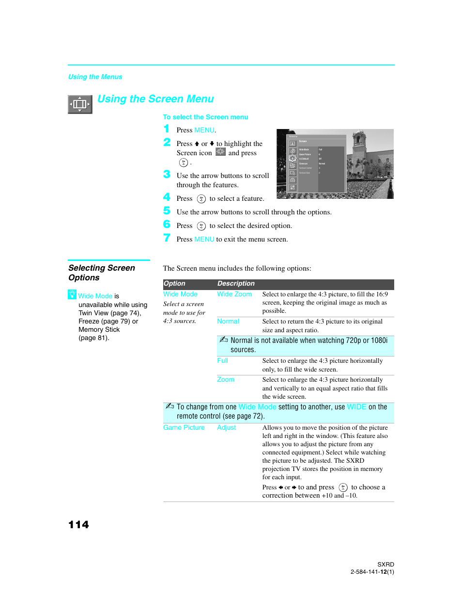 Using the screen menu, Selecting screen options | Sony Qualia 006 User Manual | Page 116 / 147