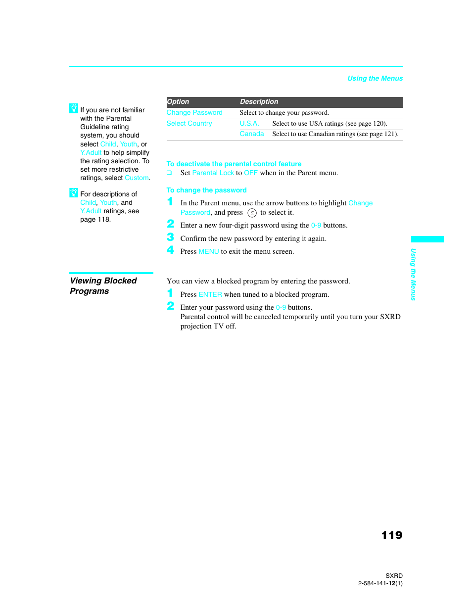 Viewing blocked programs | Sony Qualia 006 User Manual | Page 121 / 147