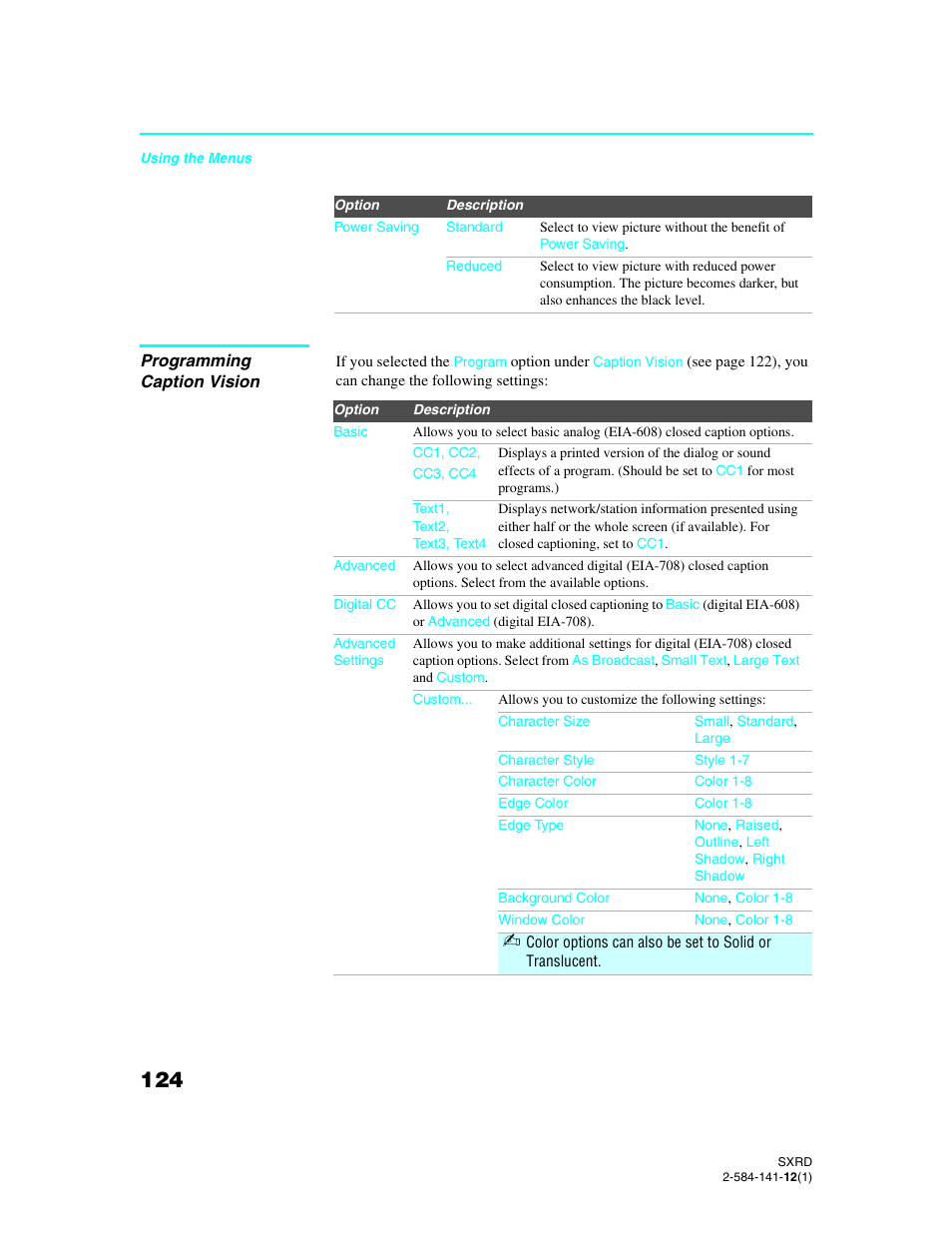 Programming caption vision | Sony Qualia 006 User Manual | Page 126 / 147