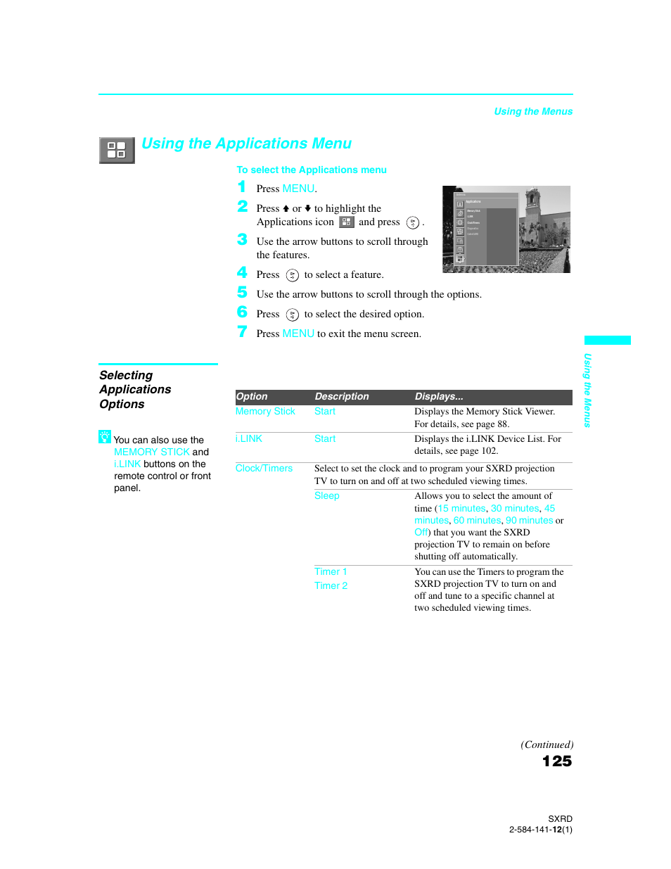 Using the applications menu, Selecting applications options | Sony Qualia 006 User Manual | Page 127 / 147