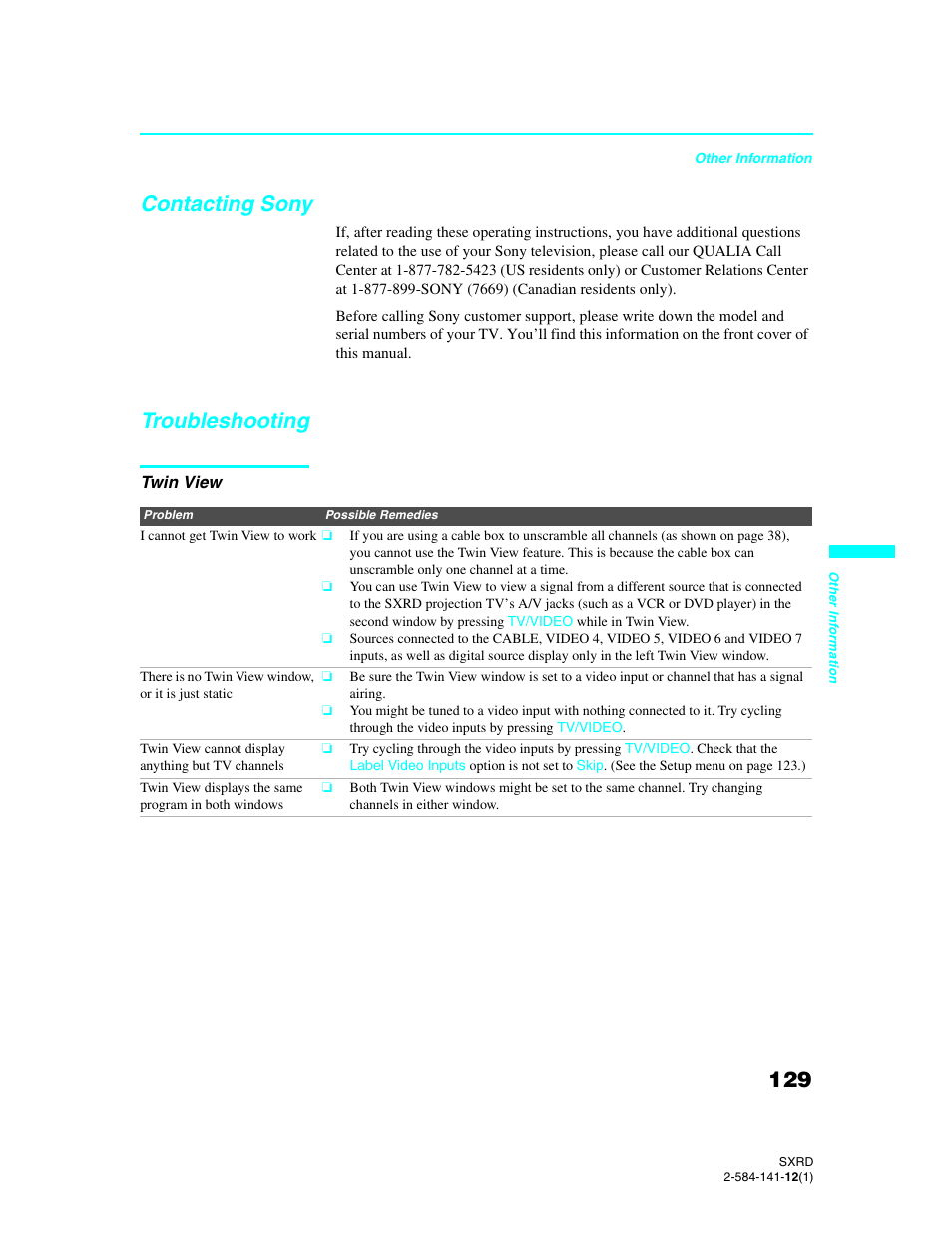 Contacting sony, Troubleshooting, Twin view | Contacting sony troubleshooting | Sony Qualia 006 User Manual | Page 131 / 147