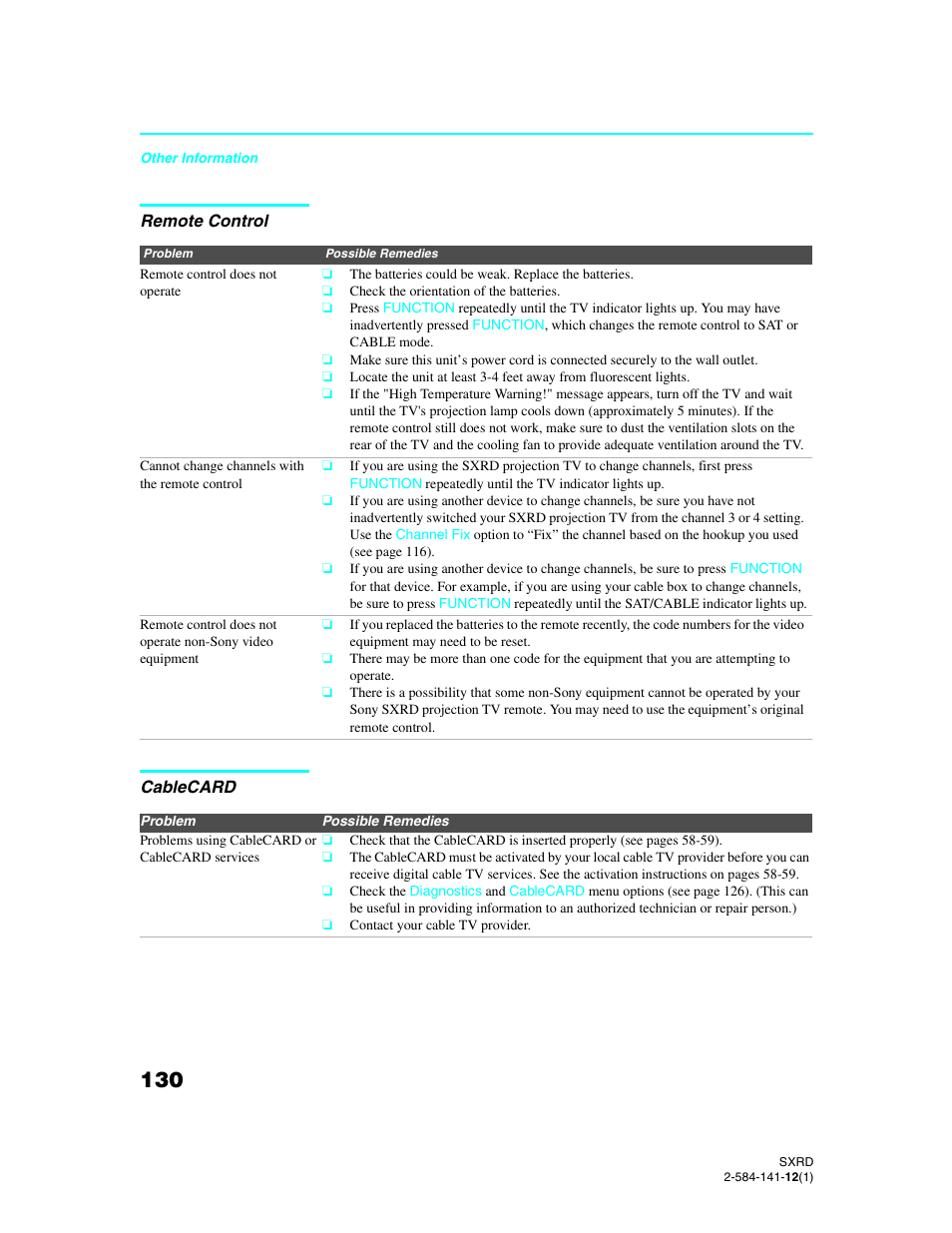 Remote control, Cablecard | Sony Qualia 006 User Manual | Page 132 / 147