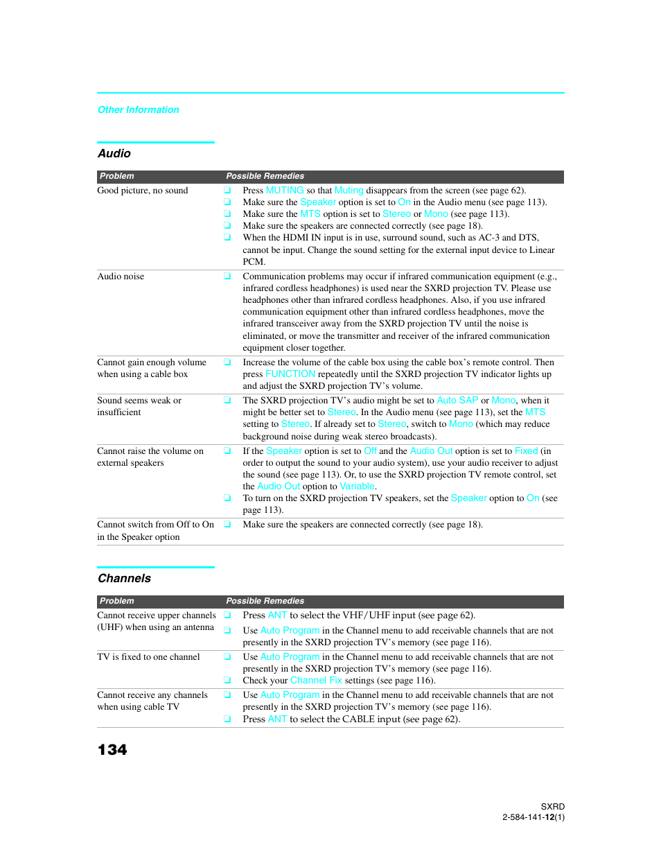 Audio, Channels | Sony Qualia 006 User Manual | Page 136 / 147