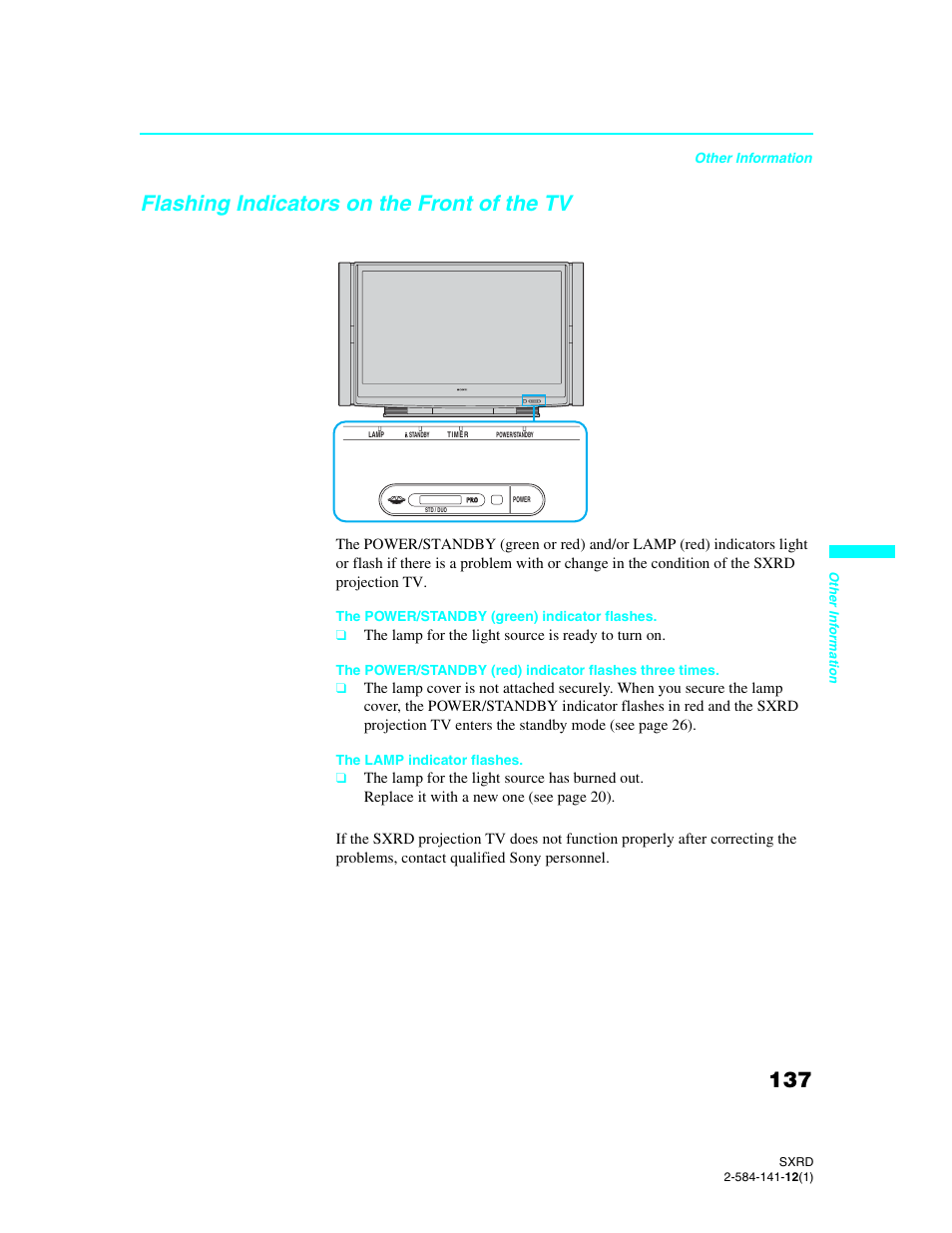 Flashing indicators on the front of the tv | Sony Qualia 006 User Manual | Page 139 / 147