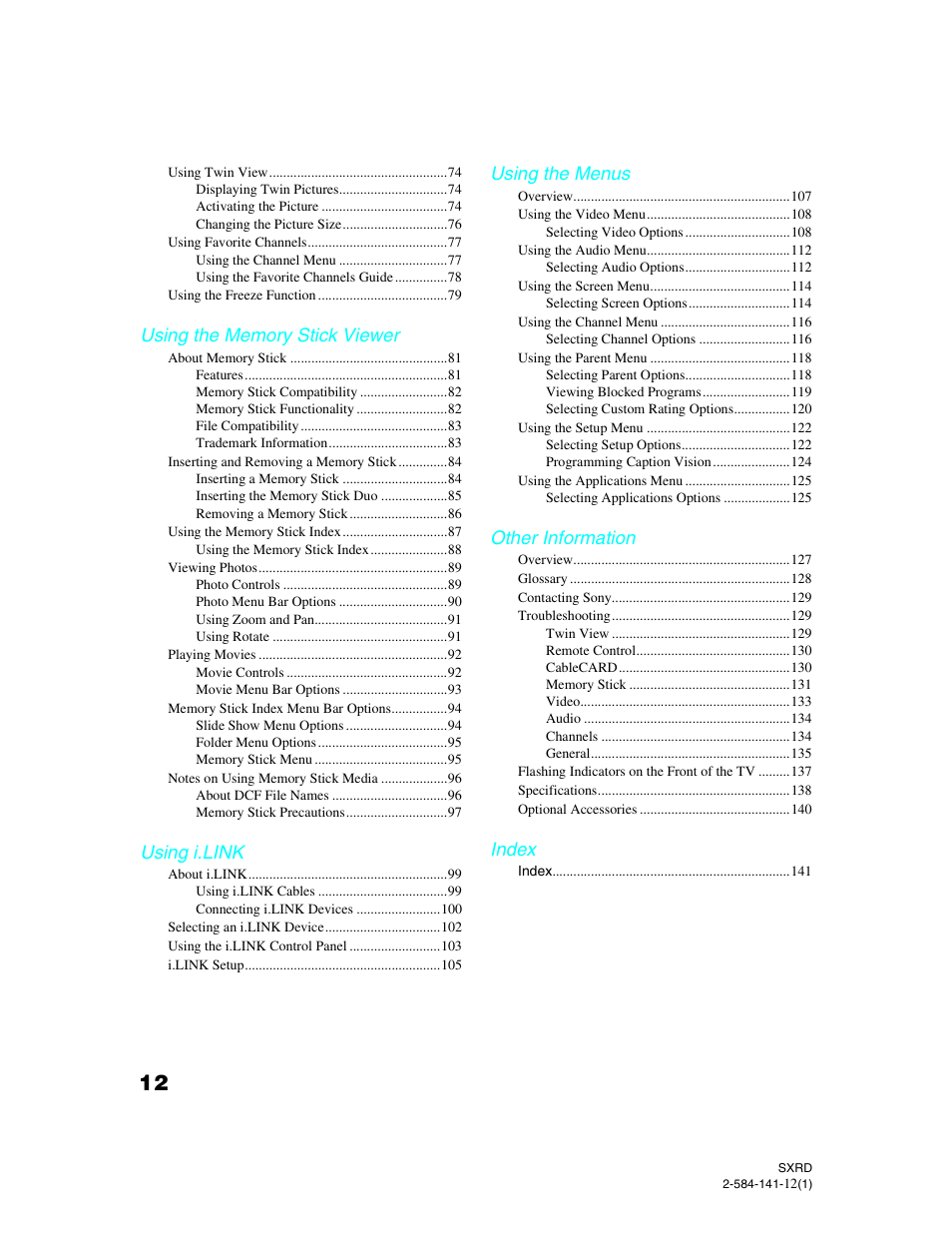 Using i.link, Using the menus, Other information | Index | Sony Qualia 006 User Manual | Page 14 / 147