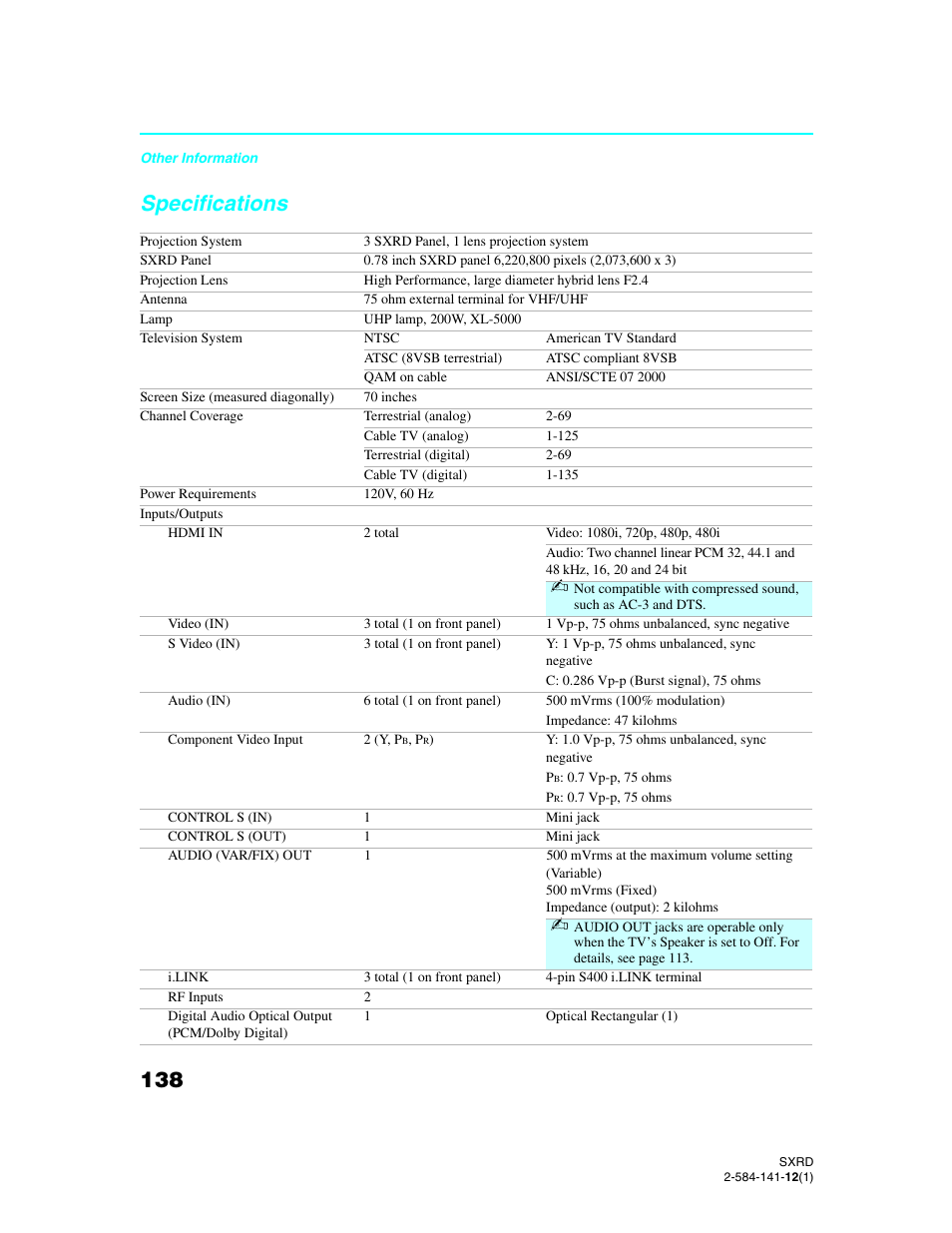 Specifications | Sony Qualia 006 User Manual | Page 140 / 147