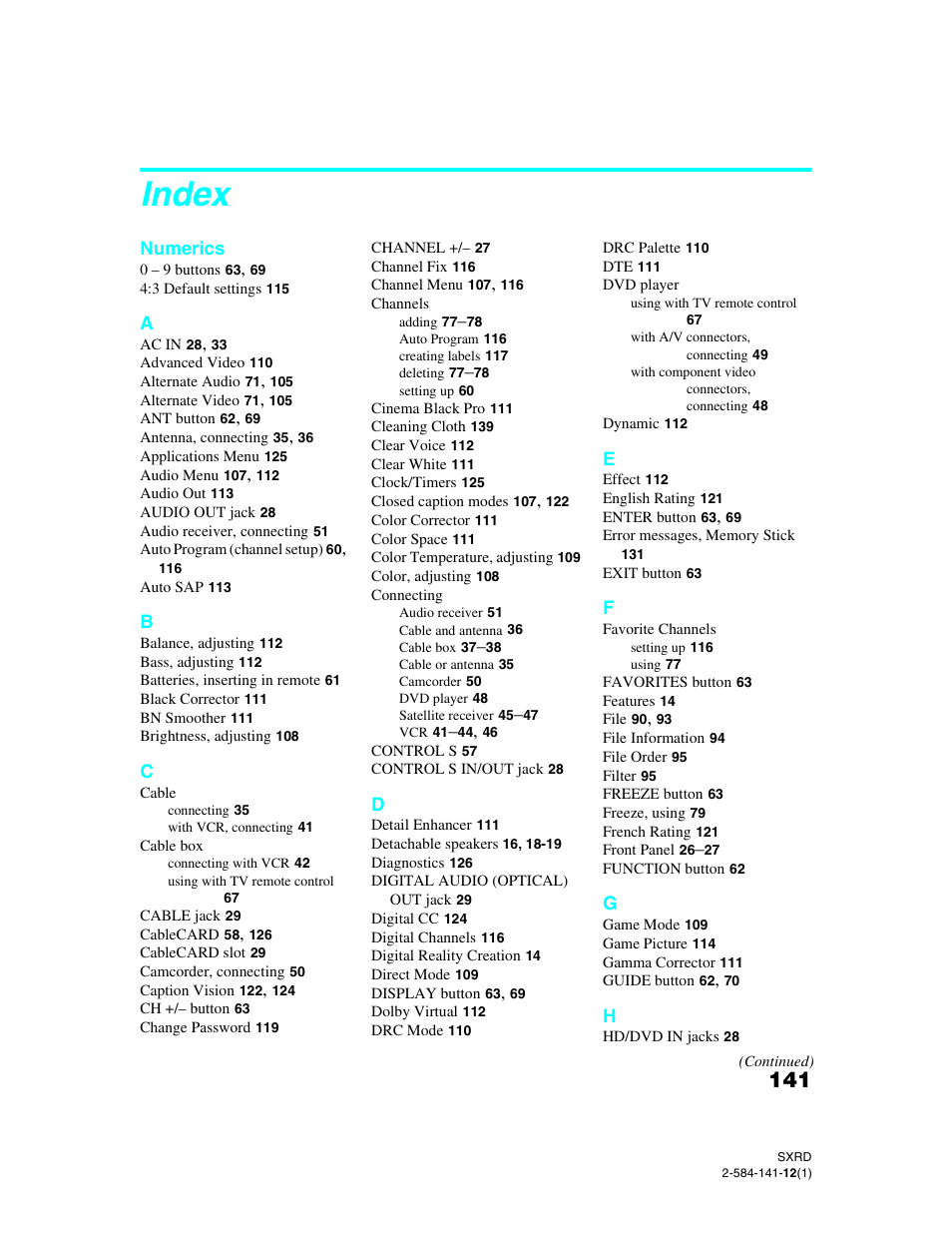 Index | Sony Qualia 006 User Manual | Page 143 / 147