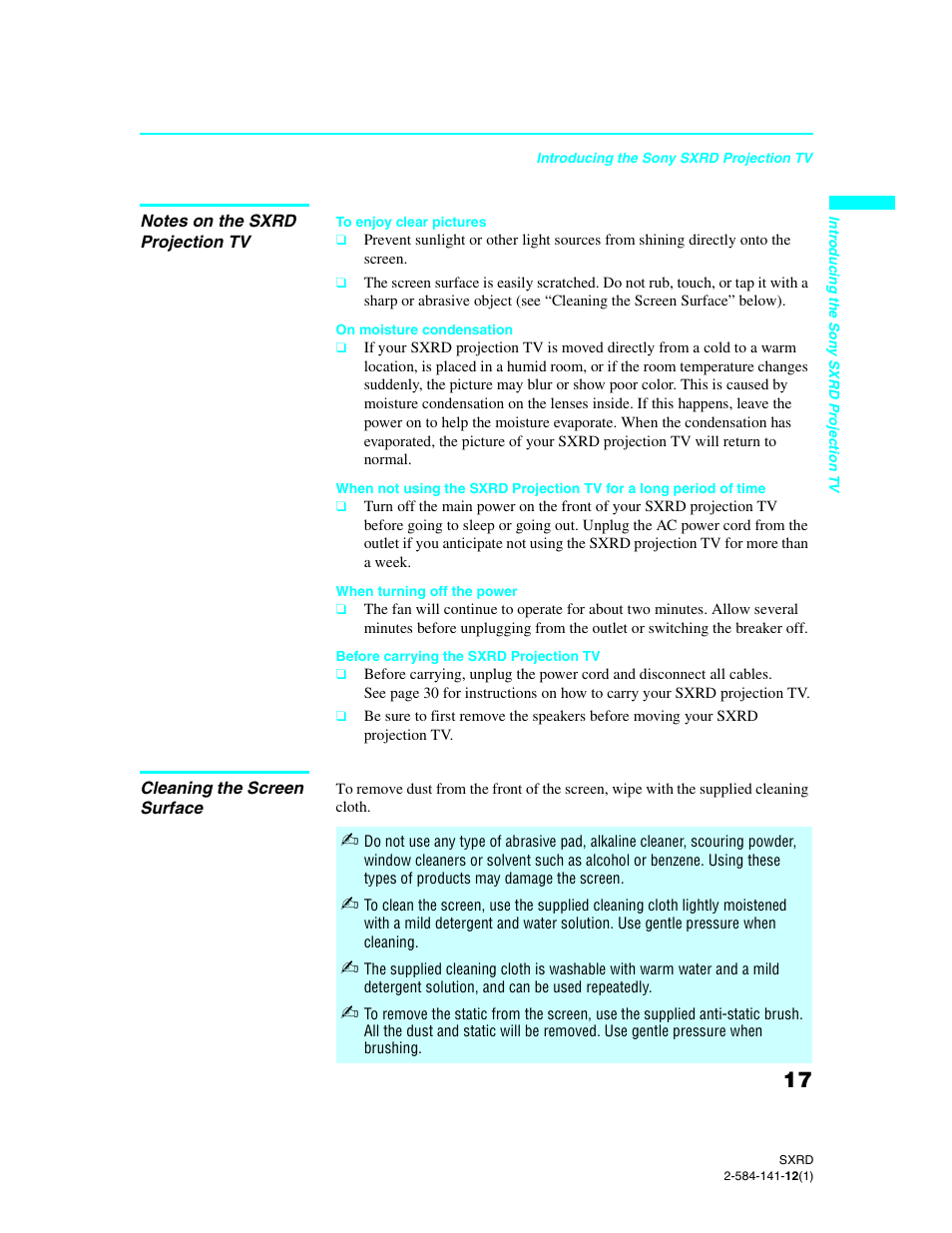 Notes on the sxrd projection tv, Cleaning the screen surface | Sony Qualia 006 User Manual | Page 19 / 147